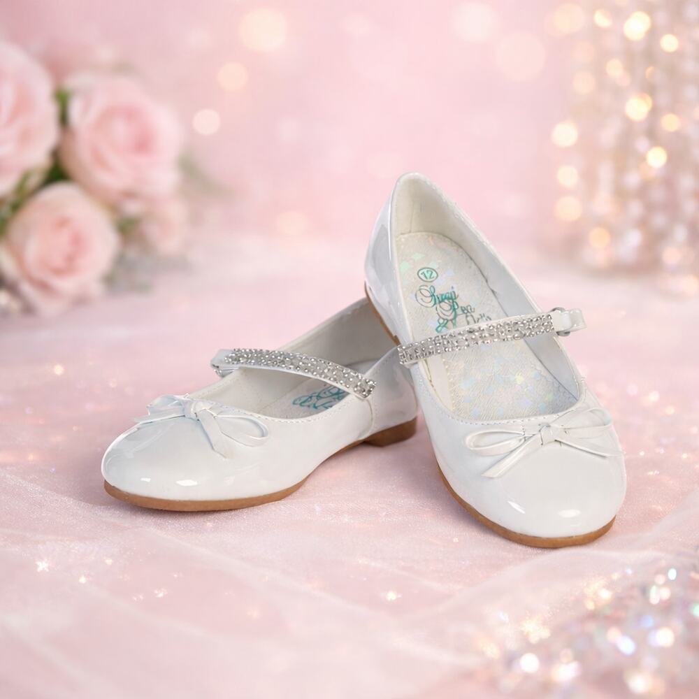 NEW Girls Communion Dress Shoe - White/Patent Flat Shoe-Rhinestone Strap-Size 2